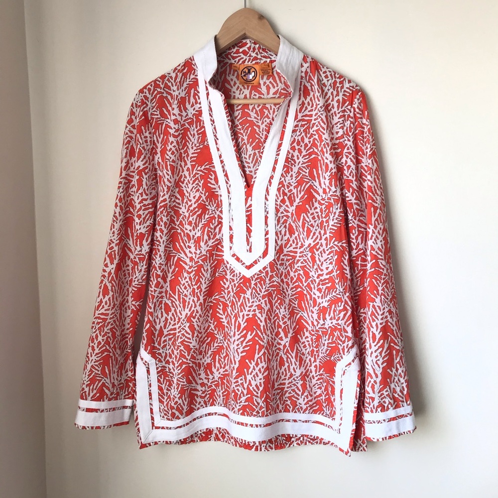 Tory Burch Coral and White Printed Tunic Blouse